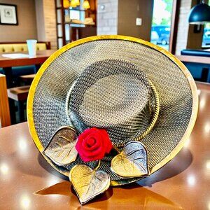 Vintage Pin Brooch Silvertone Mesh Hat With Rose Flower